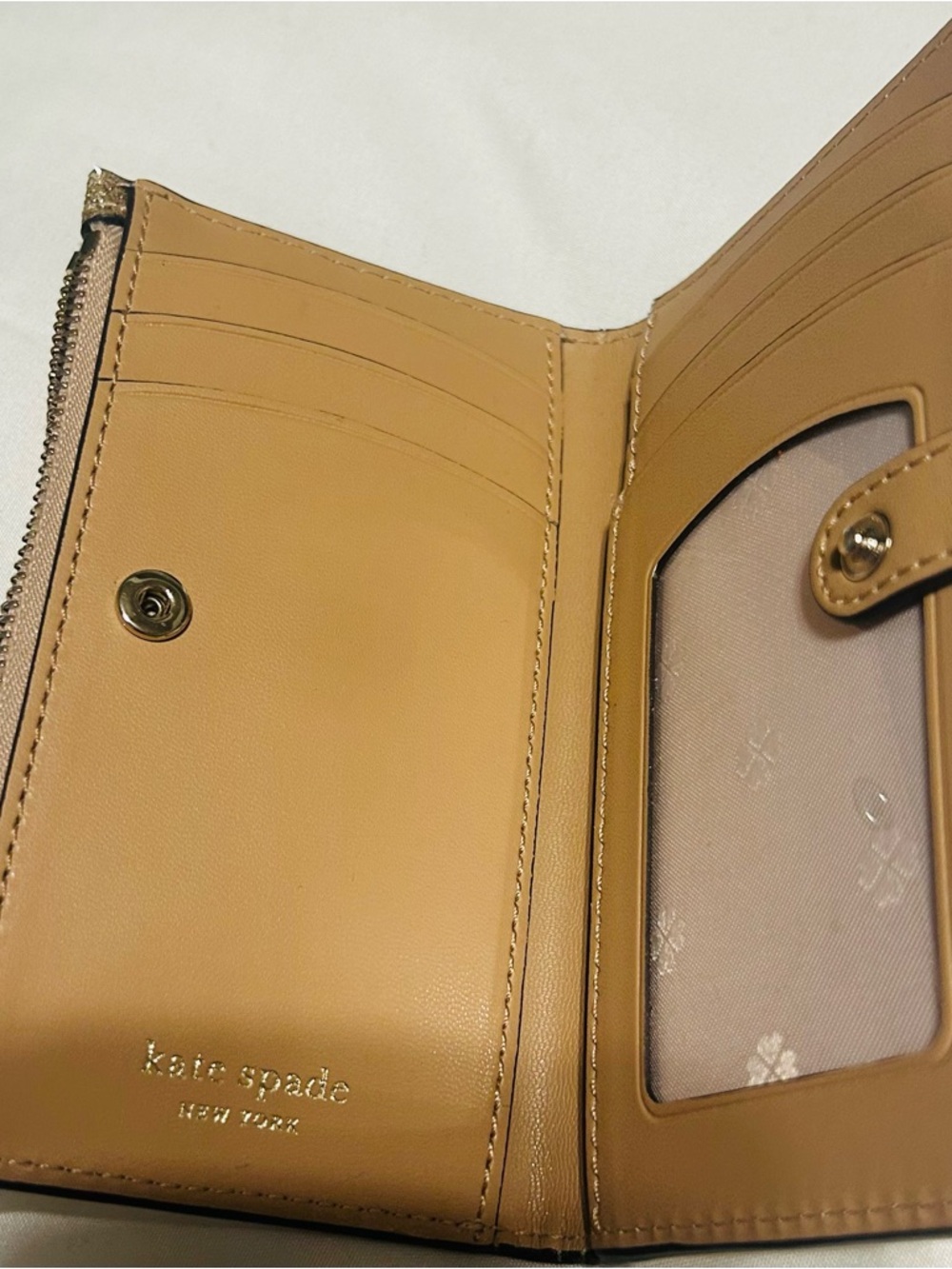 kate spade tan bi-fold leather wallet with ID window